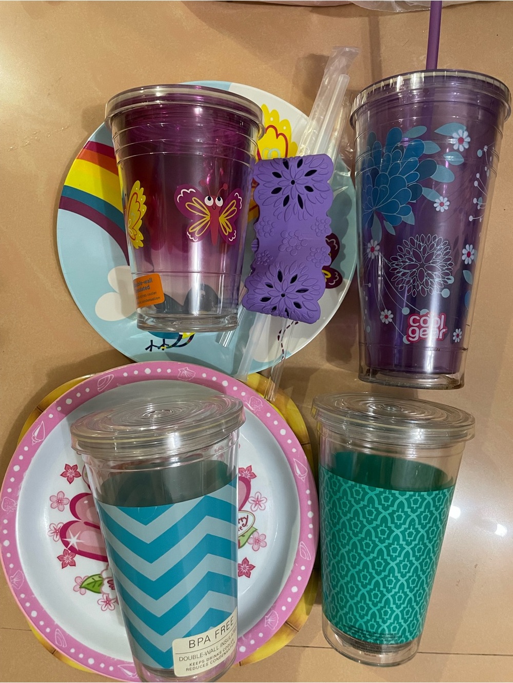 Purple Floral Cold Gear Tumbler + Assorted Reusable Tumblers (Set) + Plate